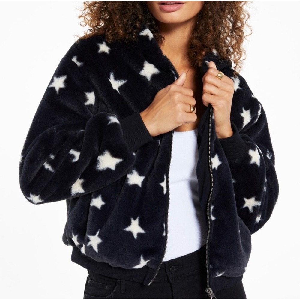 Z Supply Star London Bomber Jacket Faux Fur Star Print Size Large‎